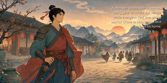 A person dressed in traditional warrior clothing stands holding a sword in a village street at sunset while several people walk away in the background and text describes a monster called Nian attacking the village annually. Description generated by AI