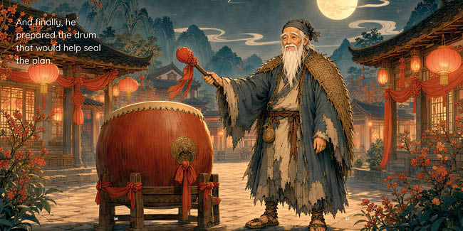 A senior person with long white hair and beard wearing traditional tattered robes prepares to strike a large decorated drum in a lantern-lit ancient village at night. Description generated by AI