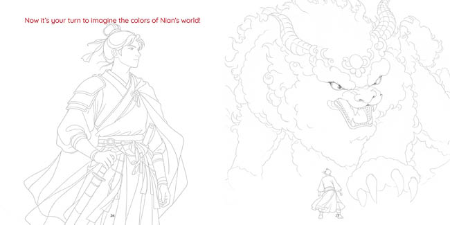 A person dressed in traditional Asian attire stands facing a large, fierce mythical lion-like creature with intricate floral patterns on its body. Description generated by AI