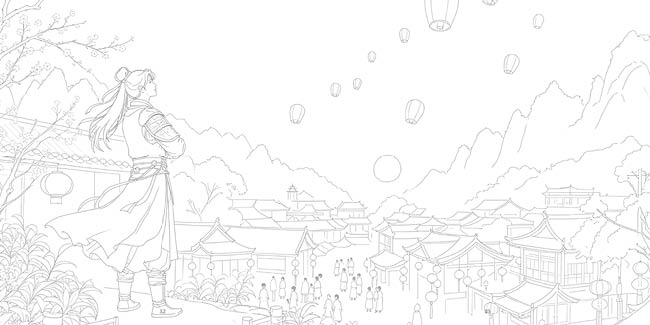 A person in traditional flowing clothing stands on a hill overlooking a village with lanterns floating in the sky and mountains in the background. Description generated by AI