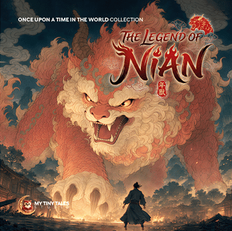 A large mythical lion-like creature with fiery eyes and swirling fur towers over a person in traditional clothing standing on a path surrounded by trees and buildings under a cloudy sky in a detailed fantasy art style. Description generated by AI