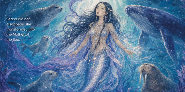 A person with long flowing hair and a shimmering fish-scale tail is underwater surrounded by sea creatures including whales, seals, and a walrus, with text stating that Sedna did not disappear but transformed into the Mistress of the Sea. Description generated by AI