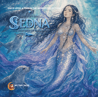 A person with long flowing hair and intricate jewelry stands underwater surrounded by sea creatures, wearing a shimmering scale-like outfit with translucent fabric, in a detailed fantasy art style titled “Sedna Mother of the Sea." Description generated by AI