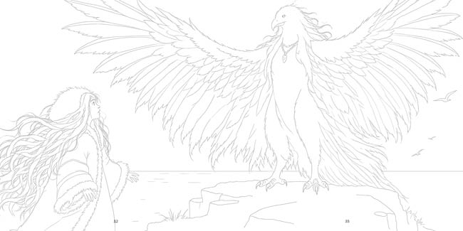 A person with long flowing hair and a robe stands on a cliff facing a large mythical bird with outstretched wings near the ocean. Description generated by AI