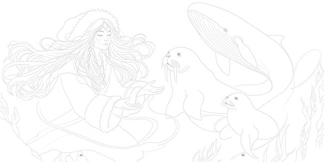 A flowing-haired person in a fur-lined hooded coat reaches out gently toward two seals and a large whale in a calm, detailed line art style. Description generated by AI