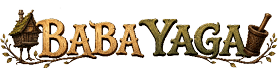 The word “BABAYAGA" is stylized with rustic, textured letters, featuring a small wooden hut on chicken legs on the left and a wooden mortar and pestle on the right, all connected by a decorative vine. Description generated by AI