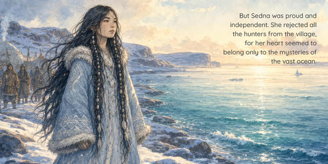 A person with long braided hair wearing a fur-lined blue garment stands on rocky shore looking toward the ocean while a group of people stand in the background, accompanied by text about Sedna's pride and independence. Description generated by AI