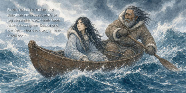 Two people with long hair wearing fur-lined clothing embrace in a small wooden boat on rough waters, with one person rowing and the other looking toward them, accompanied by text describing their reunion after a rescue. Description generated by AI