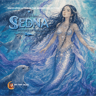 A person with long flowing hair and intricate jewelry stands underwater surrounded by sea creatures, wearing a shimmering scale-like outfit with translucent fabric, in a detailed fantasy art style titled “Sedna Mother of the Sea." Description generated by AI