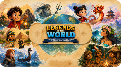 The image shows a close-up of the text “LEGENDS OF THE WORLD" with a cracked blue texture on the word "WORLD" and a golden gradient on "LEGENDS." Description generated by AI