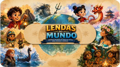 Children in colorful clothing are depicted around a globe with mythical and historical elements such as a dragon, a trident-wielding figure, ancient pyramids, and a campfire, with the text “Lendas do Mundo" prominently displayed in the center. Description generated by AI
