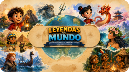 Children in various cultural and historical costumes surround a globe with the text “Leyendas del Mundo" in a colorful, animated style. Description generated by AI
