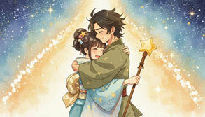 Two adults wearing traditional Japanese clothing embrace warmly with joyful expressions, one holding a star-topped staff. Description generated by AI