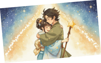 Two adults wearing traditional clothing embrace warmly with joyful expressions, one holding a star-topped staff, against a softly glowing background. Description generated by AI