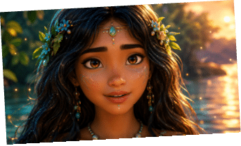A person with long dark hair adorned with flowers and jewelry is smiling gently with a glowing sunset and water in the background. Description generated by AI