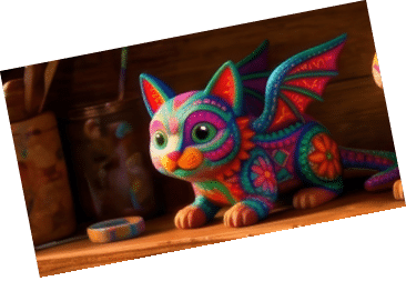 A colorful, intricately patterned cat figurine with wings sits on a wooden surface next to a small round object. Description generated by AI