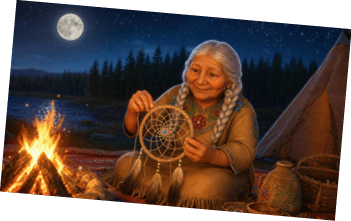 A senior with long braided hair wearing traditional clothing sits by a campfire at night holding a dreamcatcher with a full moon and forest in the background. Description generated by AI