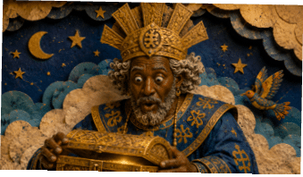 A person wearing an ornate golden crown and blue and gold robe looks surprised while holding an intricately decorated golden chest against a backdrop of stars, clouds, and a crescent moon. Description generated by AI
