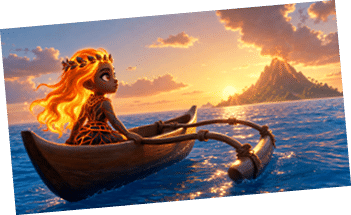 A person with glowing fiery hair and a crown made of flames sits in a wooden canoe on the ocean at sunset, looking toward a distant volcanic island. Description generated by AI