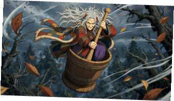 A senior person with long white hair and colorful striped clothing is paddling a wooden barrel through a windy forest with swirling leaves. Description generated by AI