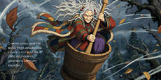A person with long flowing white hair and colorful patchwork clothing is riding in a wooden barrel flying through a stormy sky with swirling leaves and dark trees in the background. Description generated by AI