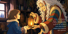 A child wearing a patterned sweater receives a glowing wooden lantern from a senior with long white hair and colorful striped clothing inside a rustic room. Description generated by AI