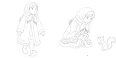 A child wearing a hooded coat is shown standing on the left and crouching on the right while interacting with a squirrel. Description generated by AI