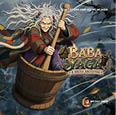 An elderly person with long white hair and colorful traditional clothing is paddling a large wooden barrel through a dark, windy forest with falling leaves, accompanied by the text “Baba Yaga A Bruxa Ancestral." Description generated by AI