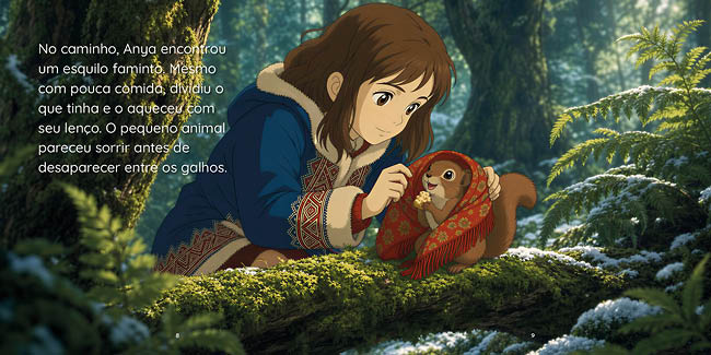 A person wearing a blue jacket with a fur-lined hood and patterned sleeves is crouched down in a snowy forest, gently interacting with a small animal wrapped in a red and orange patterned cloth. Description generated by AI