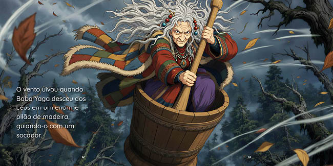 A person with long flowing white hair and colorful patchwork clothing is riding in a wooden barrel flying through a stormy sky with swirling leaves and dark trees in the background. Description generated by AI