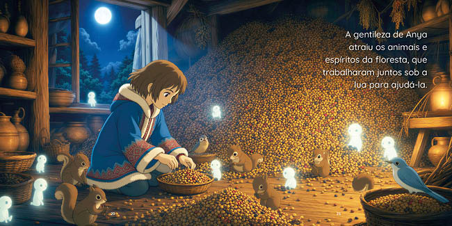 A person wearing a blue hooded coat with fur trim is sitting inside a rustic wooden cabin feeding small animals surrounded by glowing forest spirits under moonlight. Description generated by AI