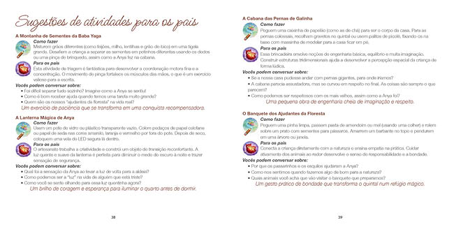 Two pages of a book in Portuguese with text discussing activities for parents and children, including suggestions for storytelling, games, and interactive learning. Description generated by AI