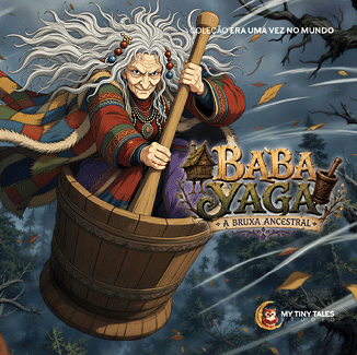 An elderly person with long white hair and colorful traditional clothing is paddling a large wooden barrel through a dark, windy forest with swirling leaves, accompanied by the text “Baba Yaga A Bruxa Ancestral" in a stylized font. Description generated by AI